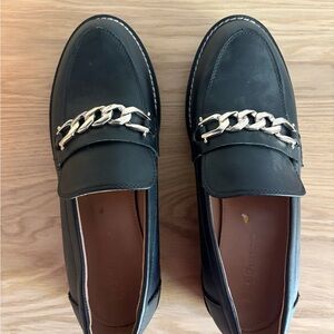 Black Leather Loafers with Gold Chain